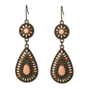 Bohemian Women’s Drop Pierced Earrings, Artificial Stones, Antique Brass Nude
